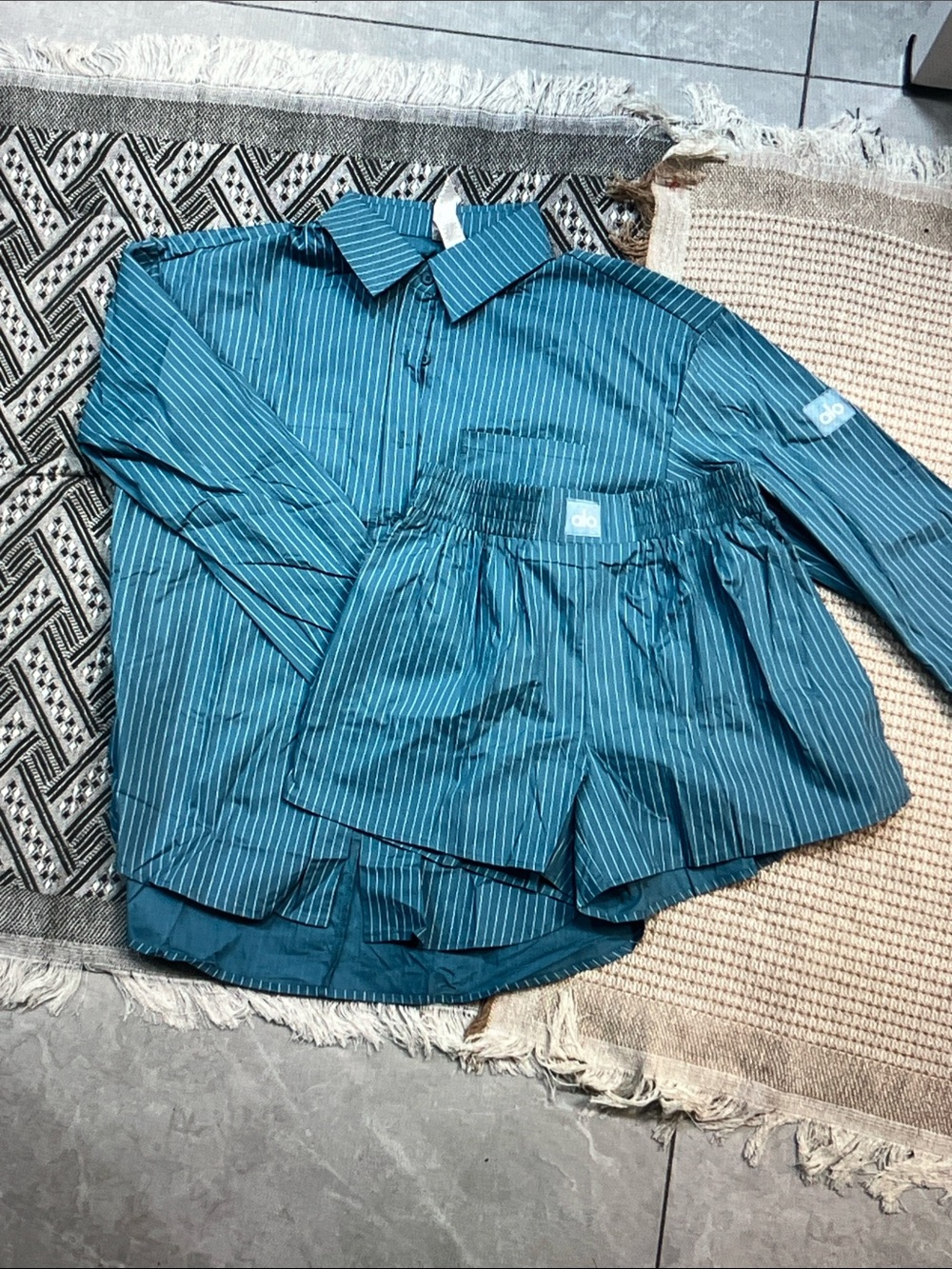 ALO Yoga Teal Pinstripe Shirt & Shorts Set